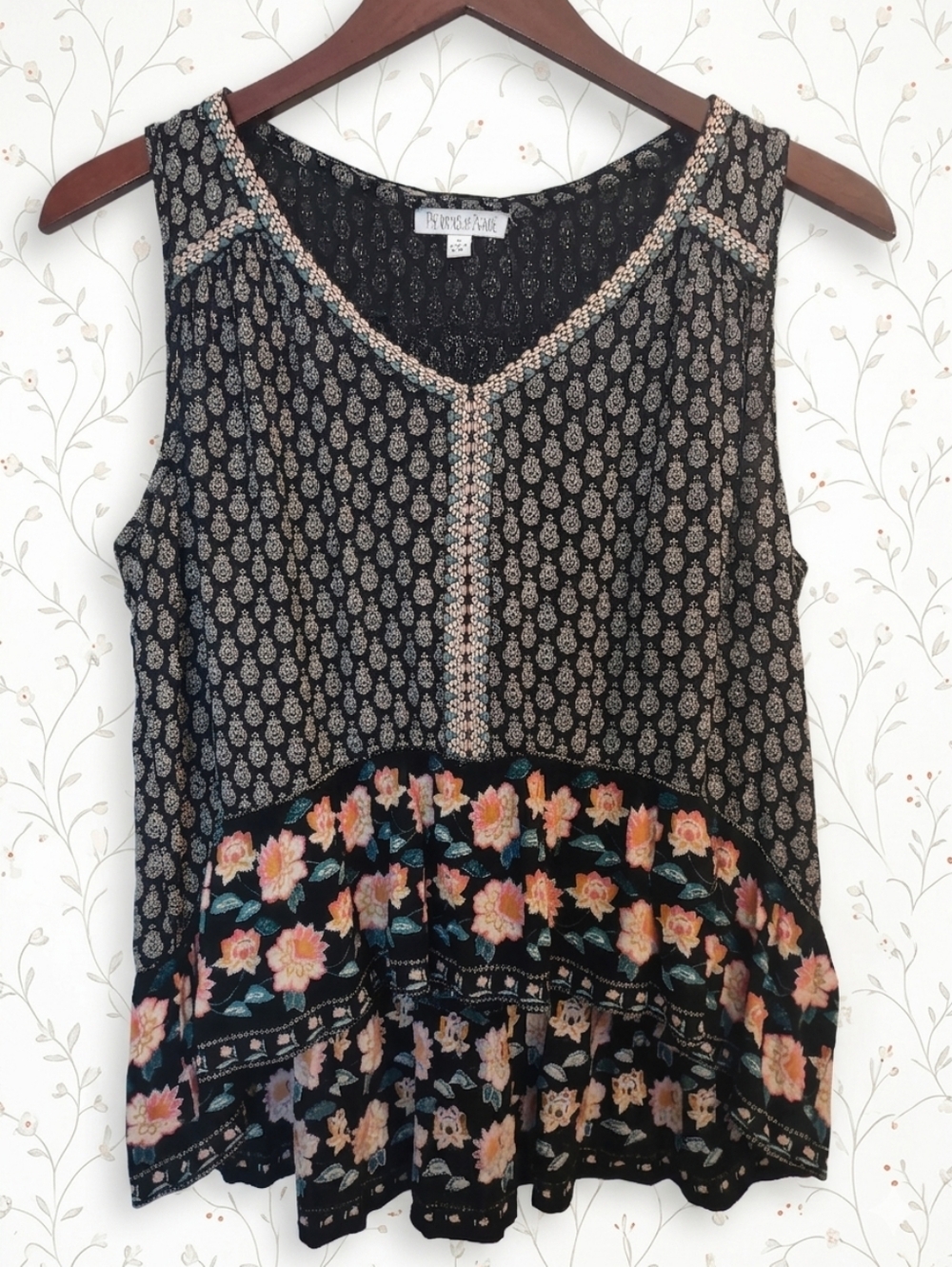 Patrons of Peace Boho Mixed Print Sleeveless Top Floral Paisley High Low Medium